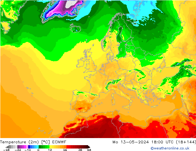 Temperaturkarte (2m) ECMWF Mo 13.05.2024 18 UTC