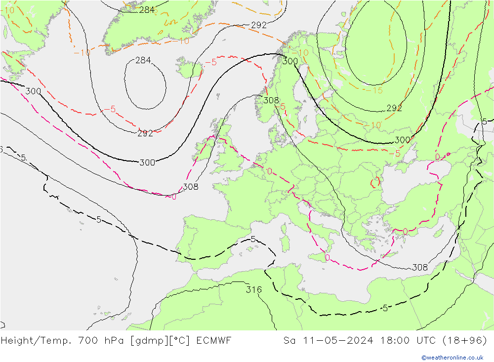 Height/Temp. 700 hPa ECMWF Sa 11.05.2024 18 UTC