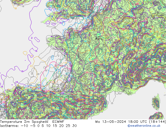 Temperatura 2m Spaghetti ECMWF lun 13.05.2024 18 UTC