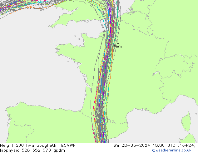 Height 500 hPa Spaghetti ECMWF  08.05.2024 18 UTC
