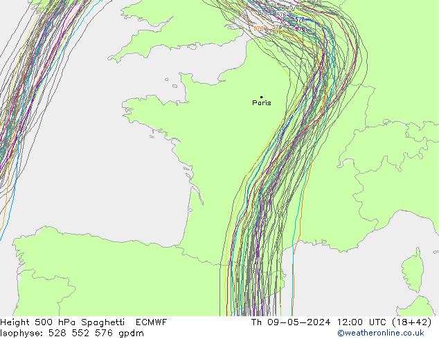 Height 500 hPa Spaghetti ECMWF Do 09.05.2024 12 UTC