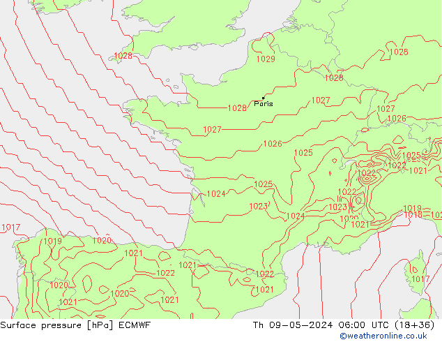 pressão do solo ECMWF Qui 09.05.2024 06 UTC