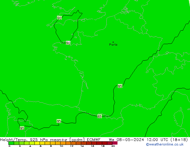 Height/Temp. 925 hPa ECMWF We 08.05.2024 12 UTC