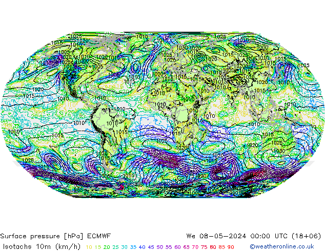 Izotacha (km/godz) ECMWF śro. 08.05.2024 00 UTC