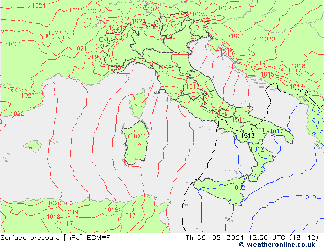 Pressione al suolo ECMWF gio 09.05.2024 12 UTC