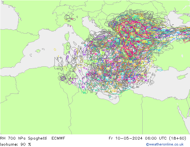 RH 700 hPa Spaghetti ECMWF Fr 10.05.2024 06 UTC