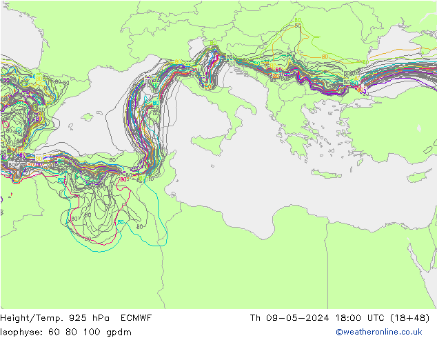 Height/Temp. 925 hPa ECMWF Čt 09.05.2024 18 UTC