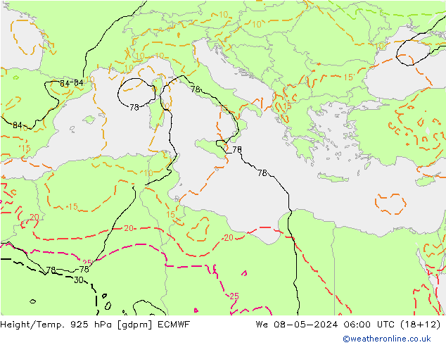 Yükseklik/Sıc. 925 hPa ECMWF Çar 08.05.2024 06 UTC