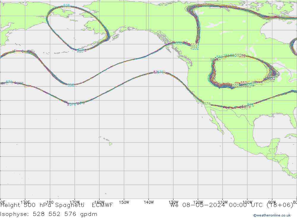 Height 500 hPa Spaghetti ECMWF We 08.05.2024 00 UTC