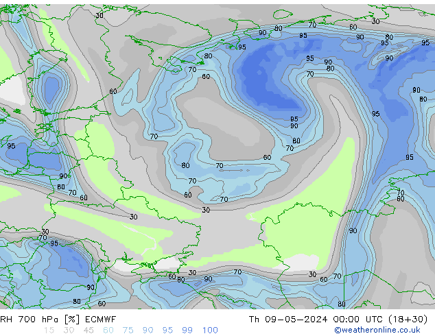 Humidité rel. 700 hPa ECMWF jeu 09.05.2024 00 UTC