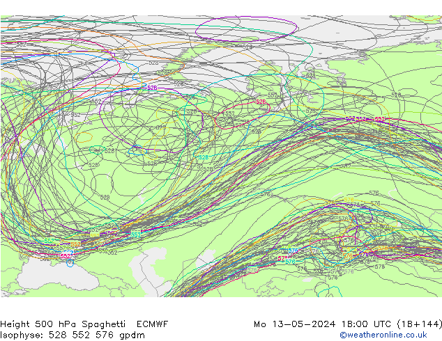 Height 500 hPa Spaghetti ECMWF Po 13.05.2024 18 UTC