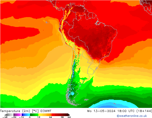 mapa temperatury (2m) ECMWF pon. 13.05.2024 18 UTC