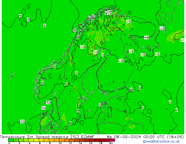 Temperatura 2m Spread ECMWF mié 08.05.2024 00 UTC
