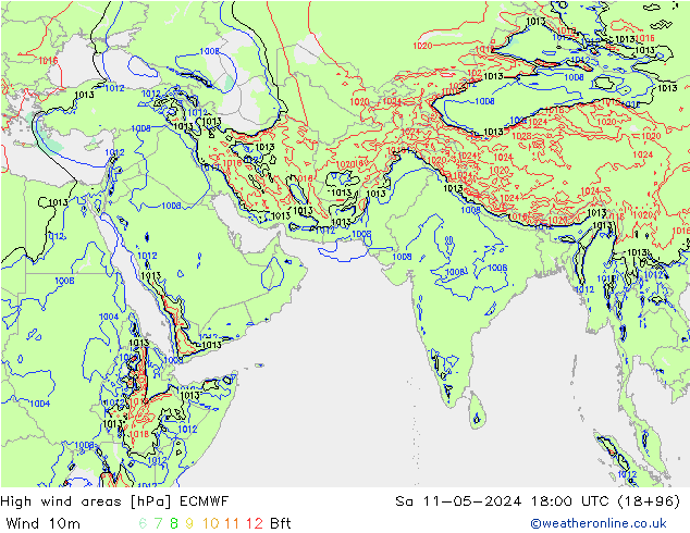 High wind areas ECMWF Sa 11.05.2024 18 UTC