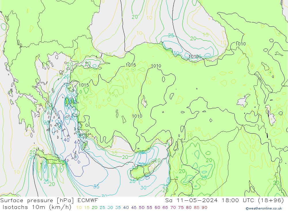 Isotachs (kph) ECMWF sab 11.05.2024 18 UTC
