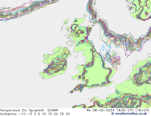Temperatura 2m Spaghetti ECMWF mer 08.05.2024 18 UTC