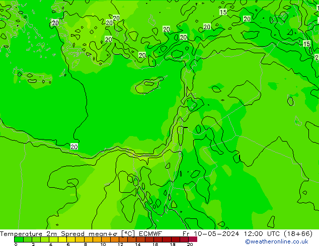température 2m Spread ECMWF ven 10.05.2024 12 UTC