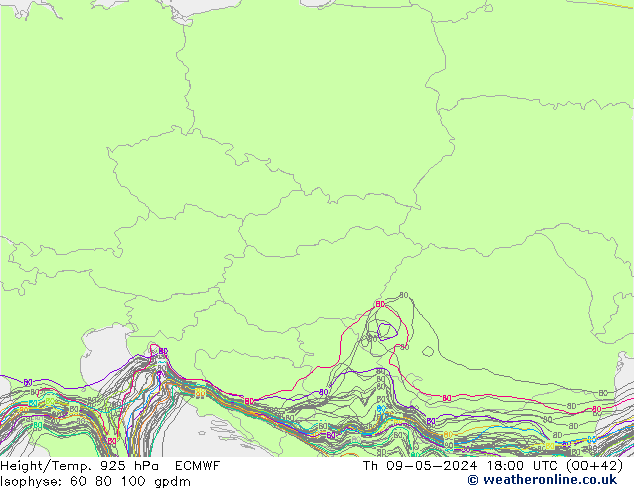 Yükseklik/Sıc. 925 hPa ECMWF Per 09.05.2024 18 UTC