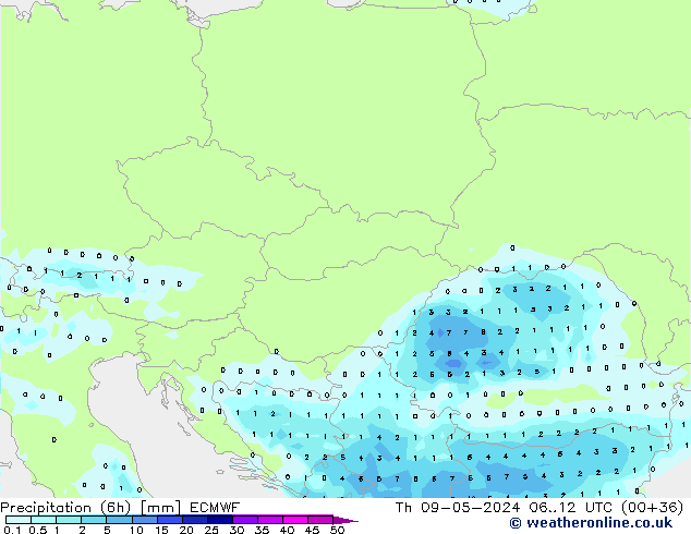 Precipitation (6h) ECMWF Čt 09.05.2024 12 UTC