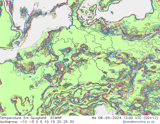 Temperatura 2m Spaghetti ECMWF mié 08.05.2024 12 UTC