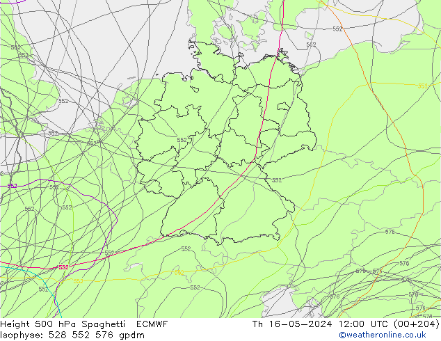 Height 500 гПа Spaghetti ECMWF чт 16.05.2024 12 UTC