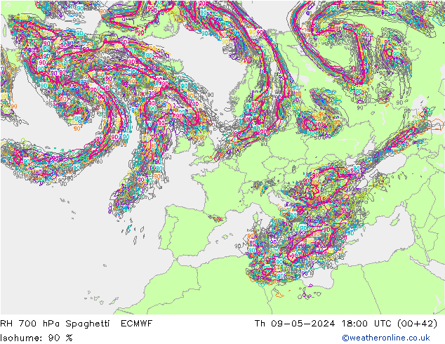 RH 700 hPa Spaghetti ECMWF Čt 09.05.2024 18 UTC