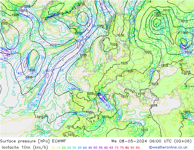 10米等风速线 (kph) ECMWF 星期三 08.05.2024 06 UTC