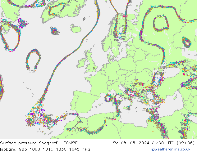 Presión superficial Spaghetti ECMWF mié 08.05.2024 06 UTC