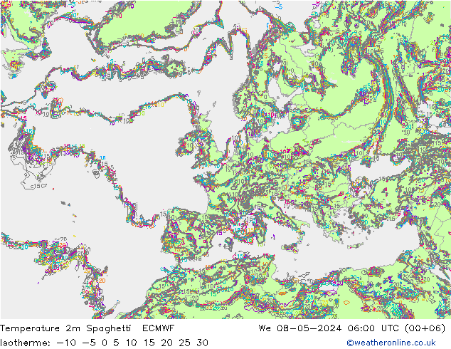 温度图 Spaghetti ECMWF 星期三 08.05.2024 06 UTC