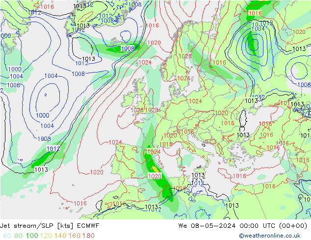 Jet stream ECMWF Qua 08.05.2024 00 UTC