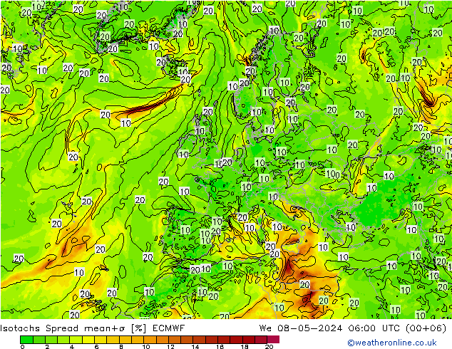 Isotachen Spread ECMWF wo 08.05.2024 06 UTC