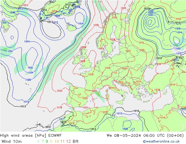 High wind areas ECMWF 星期三 08.05.2024 06 UTC