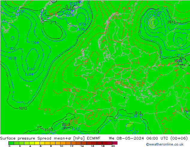 Surface pressure Spread ECMWF We 08.05.2024 06 UTC