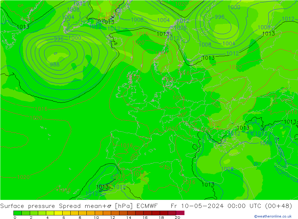 Surface pressure Spread ECMWF Fr 10.05.2024 00 UTC