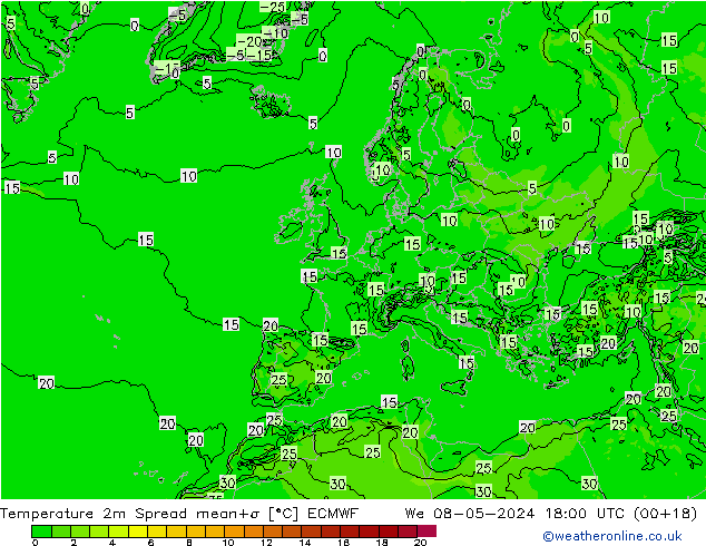 Temperatuurkaart Spread ECMWF wo 08.05.2024 18 UTC