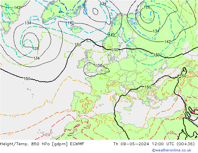 Geop./Temp. 850 hPa ECMWF jue 09.05.2024 12 UTC