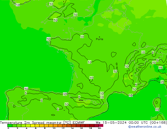 карта температуры Spread ECMWF ср 15.05.2024 00 UTC