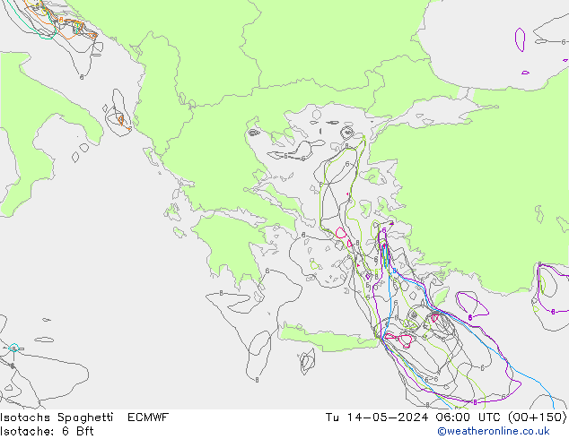 Izotacha Spaghetti ECMWF wto. 14.05.2024 06 UTC