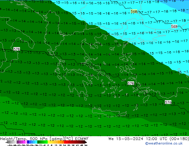 Height/Temp. 500 hPa ECMWF Qua 15.05.2024 12 UTC