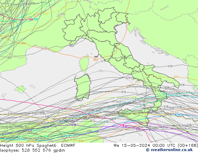 Height 500 гПа Spaghetti ECMWF ср 15.05.2024 00 UTC