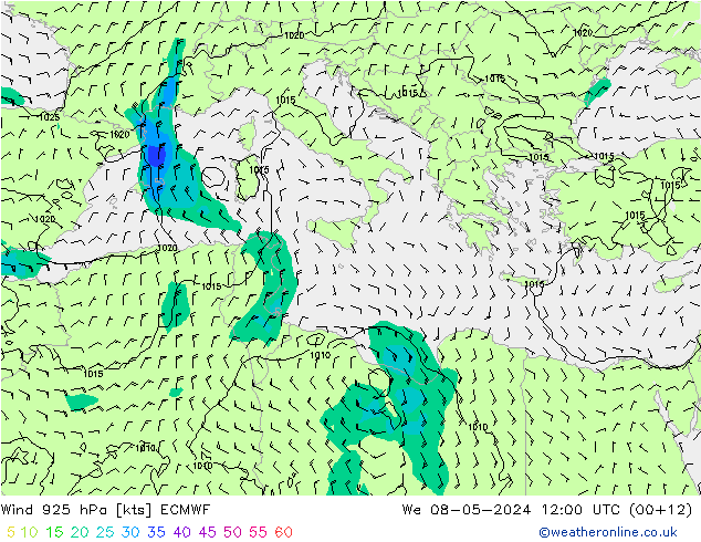 Rüzgar 925 hPa ECMWF Çar 08.05.2024 12 UTC