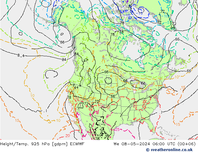 Height/Temp. 925 hPa ECMWF śro. 08.05.2024 06 UTC