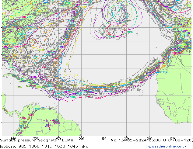 Surface pressure Spaghetti ECMWF Mo 13.05.2024 06 UTC