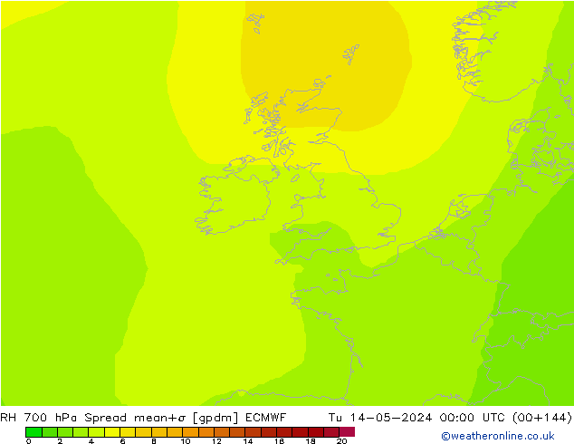 RH 700 hPa Spread ECMWF mar 14.05.2024 00 UTC