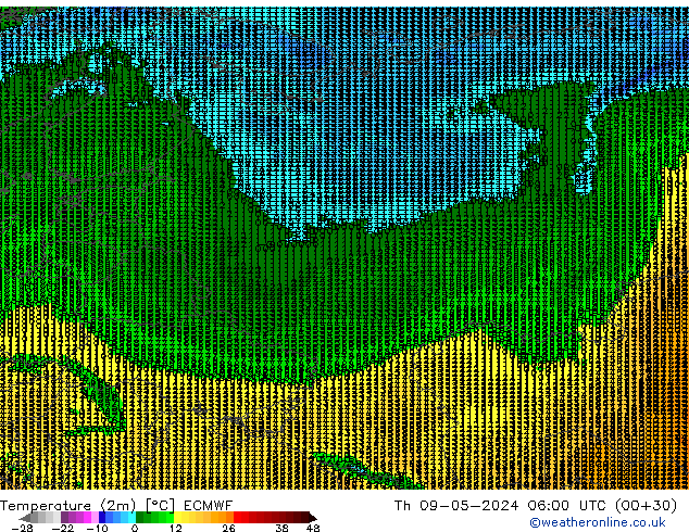 mapa temperatury (2m) ECMWF czw. 09.05.2024 06 UTC