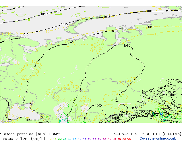 Izotacha (km/godz) ECMWF wto. 14.05.2024 12 UTC