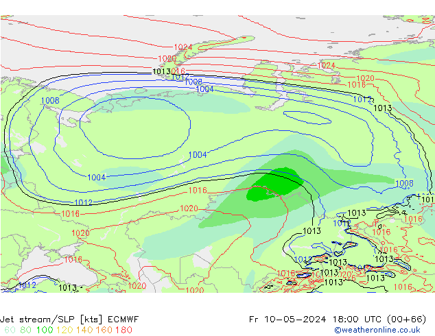 Straalstroom/SLP ECMWF vr 10.05.2024 18 UTC