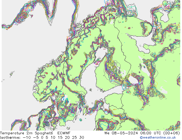 Temperatura 2m Spaghetti ECMWF mié 08.05.2024 06 UTC