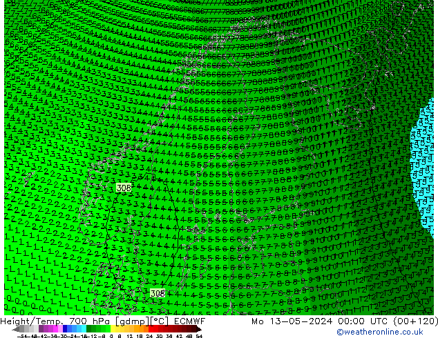 Height/Temp. 700 гПа ECMWF пн 13.05.2024 00 UTC