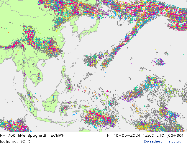 RH 700 hPa Spaghetti ECMWF ven 10.05.2024 12 UTC